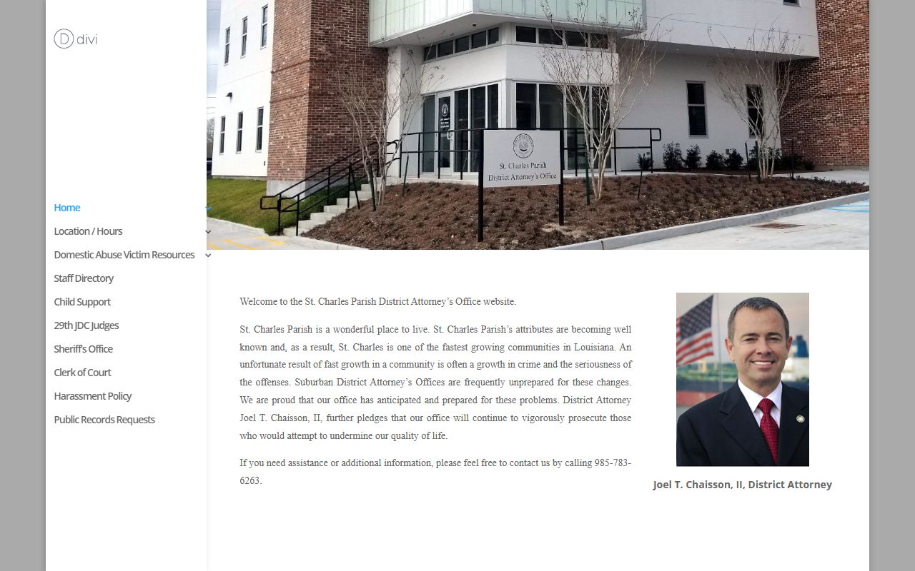 St. Charles Parish District Attorney homepage with office contact information