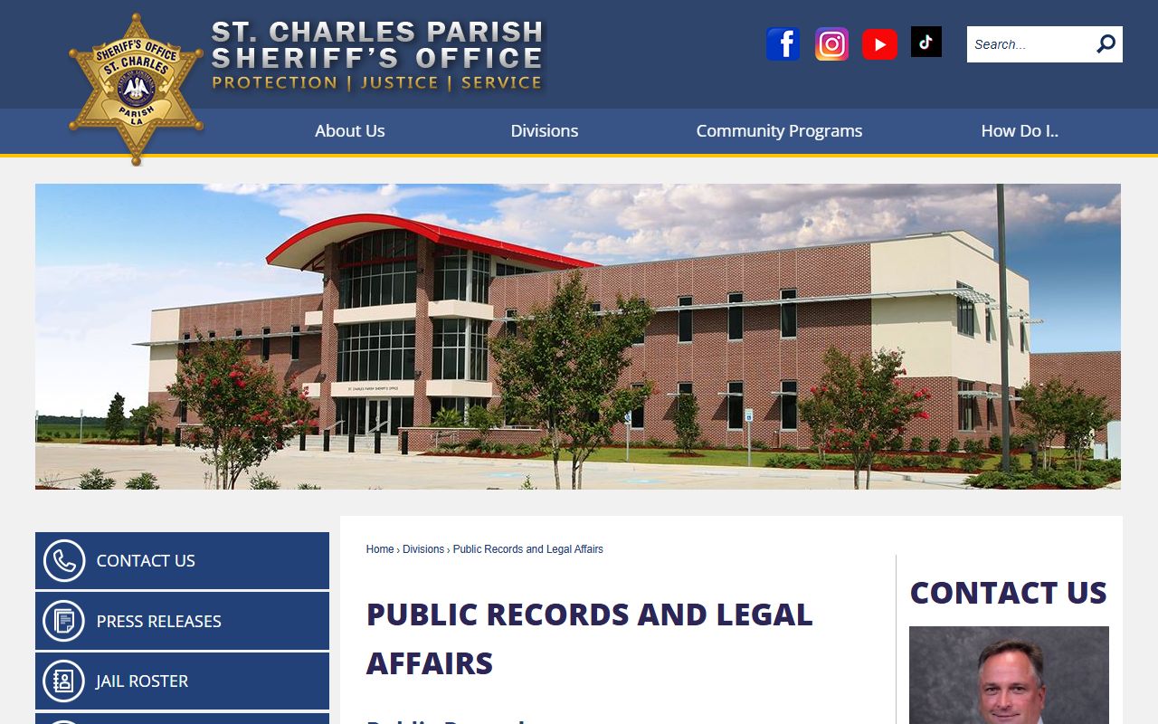 St. Charles Parish Sheriff public-records request page with mail and in-person request channels
