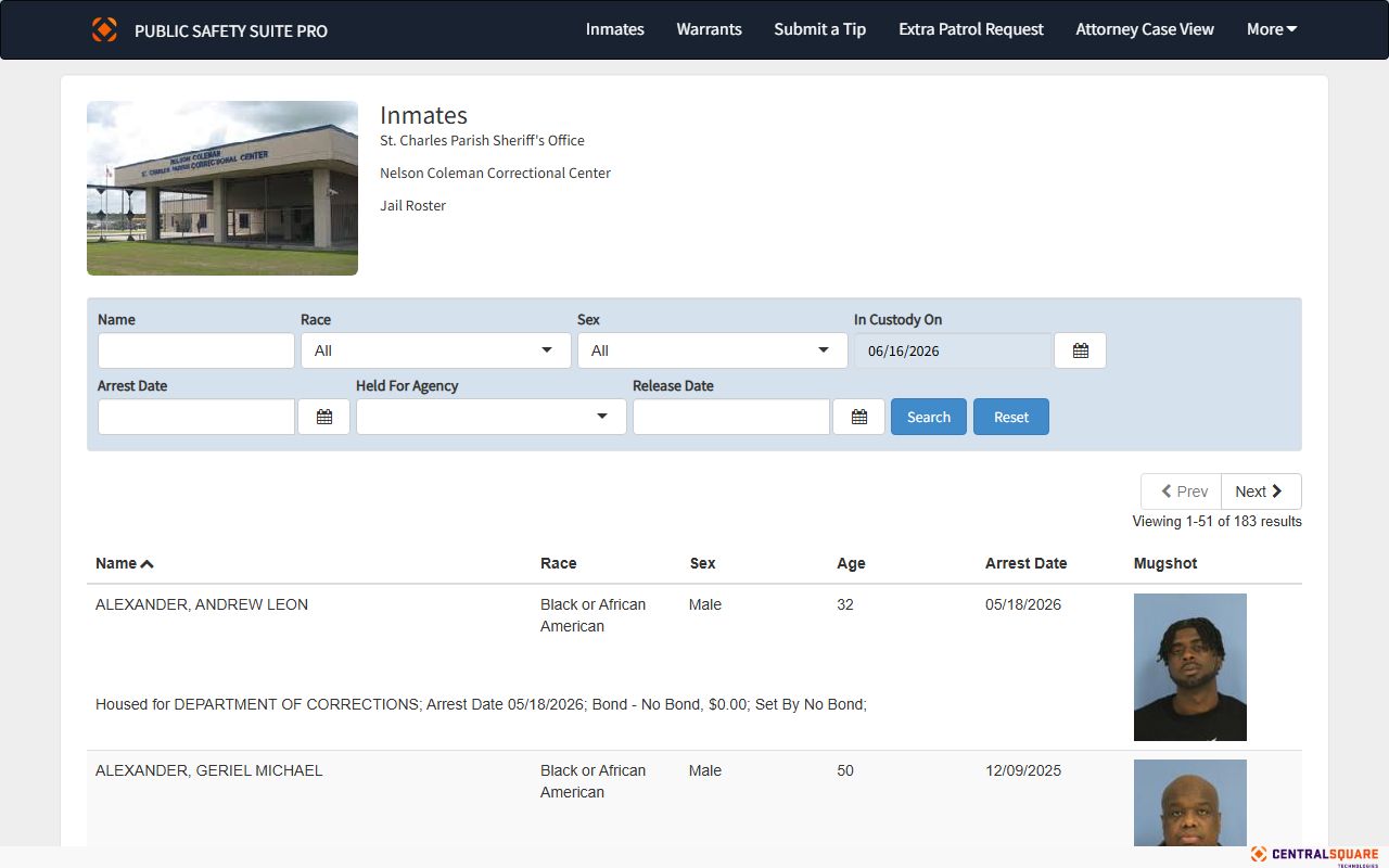 St. Charles Parish inmate population Zuercher jail roster search